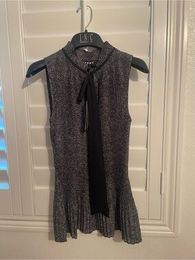 DKNY Black & White Tie-Neck Pleated Mini Top